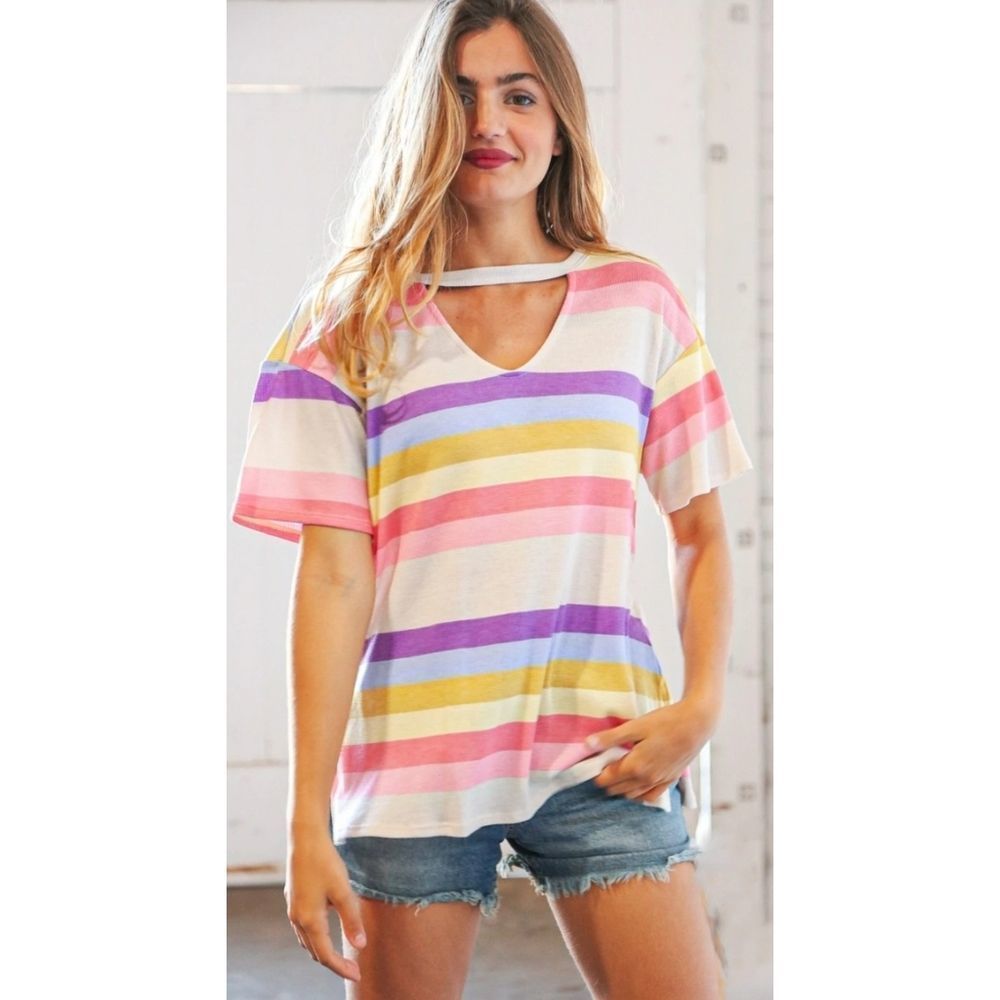 Pink Multi Color Stripe Key Hole Top